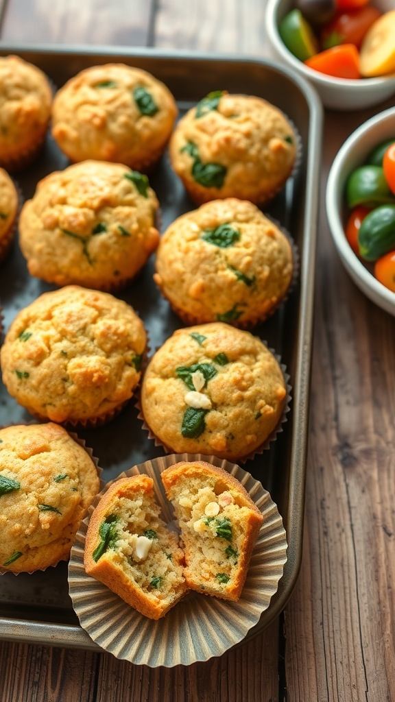 A tray of golden brown egg and quinoa breakfast muffins with spinach and bell peppers on a rustic wooden table.